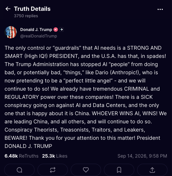 特朗普 9 月 14 日 Truth Social 原帖截图：perfect little angel、SICK conspiracy、Treasonists Traitors and Leakers BEWARE，6.48k ReTruths 25.3k Likes