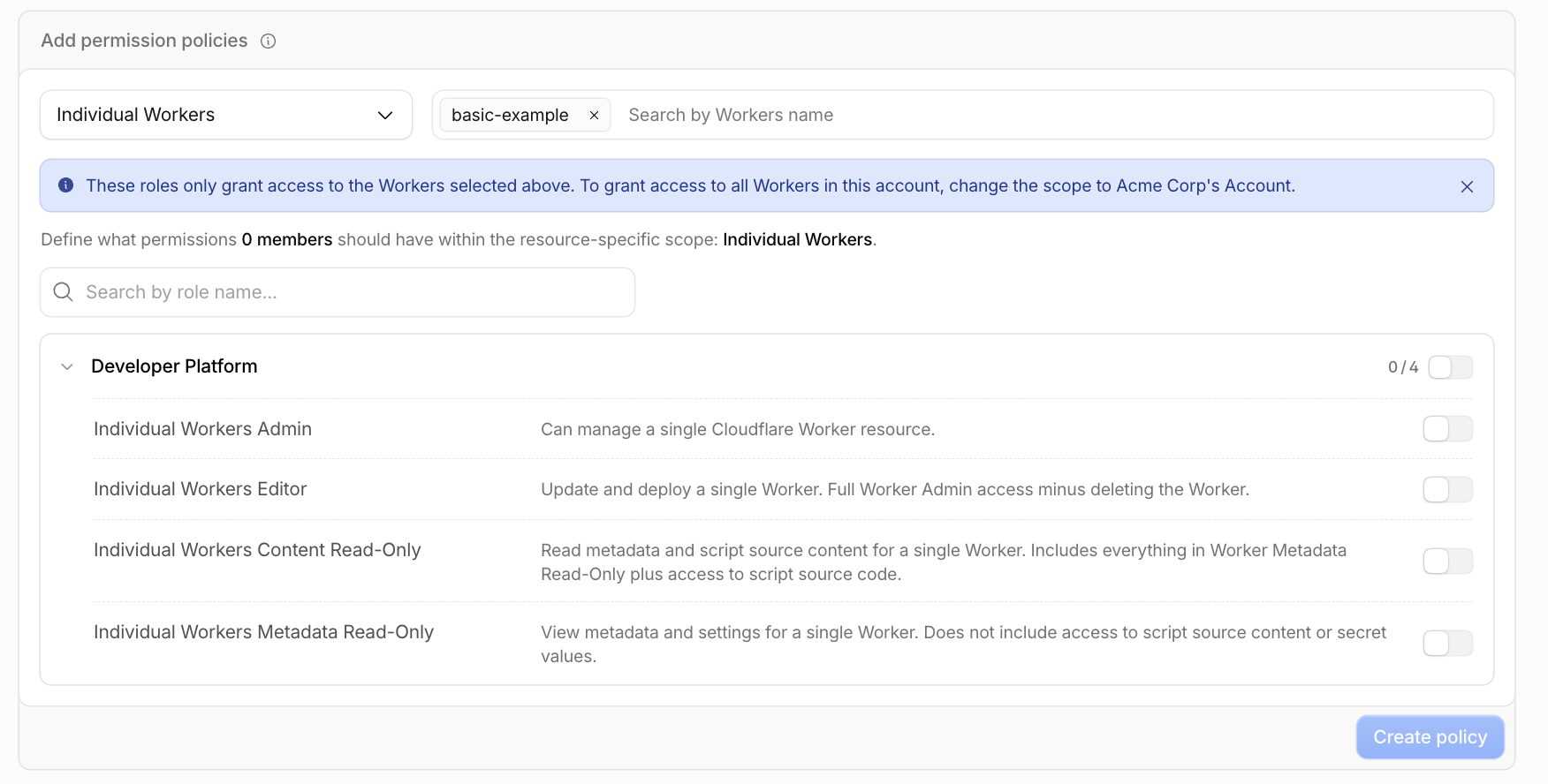 Cloudflare 仪表盘 Add permission policies 界面:作用域 Individual Workers 选中 basic-example,四档角色 Admin / Editor / Content Read-Only / Metadata Read-Only