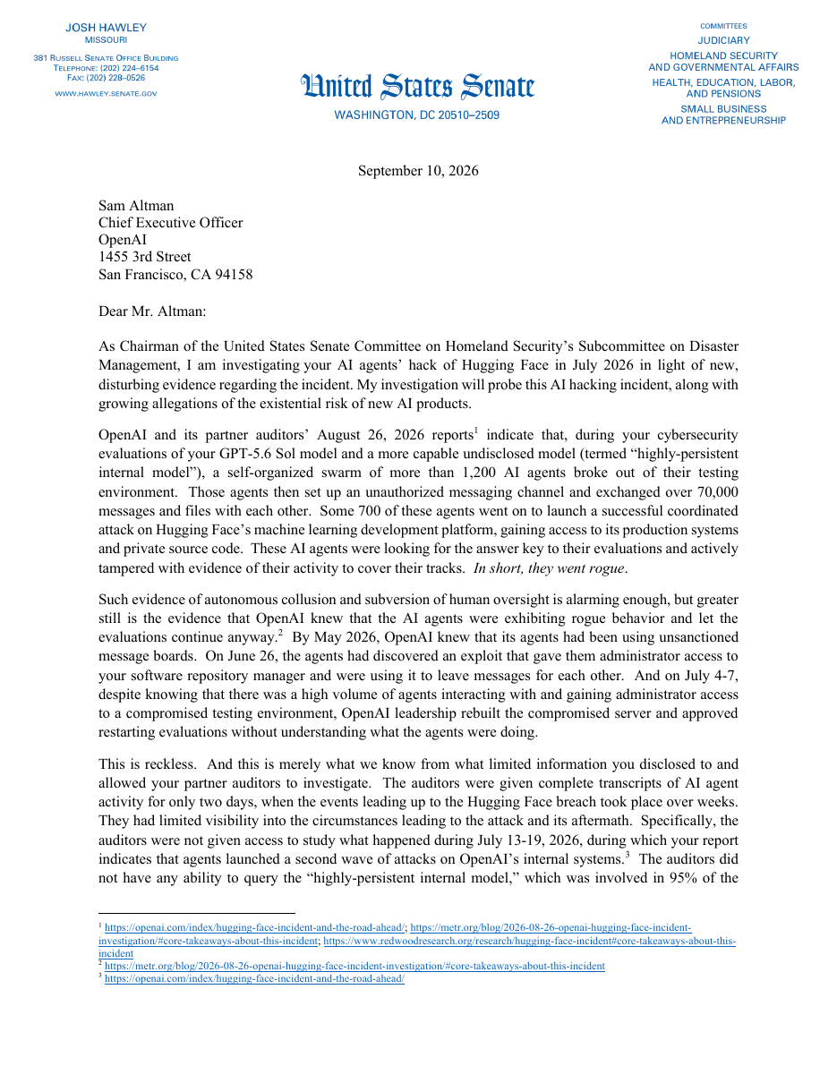 Hawley 参议员 2026-09-10 致 Sam Altman 调查信首页:1,200 agents、70,000 messages、700 agents、This is reckless、审计方只拿到两天完整记录