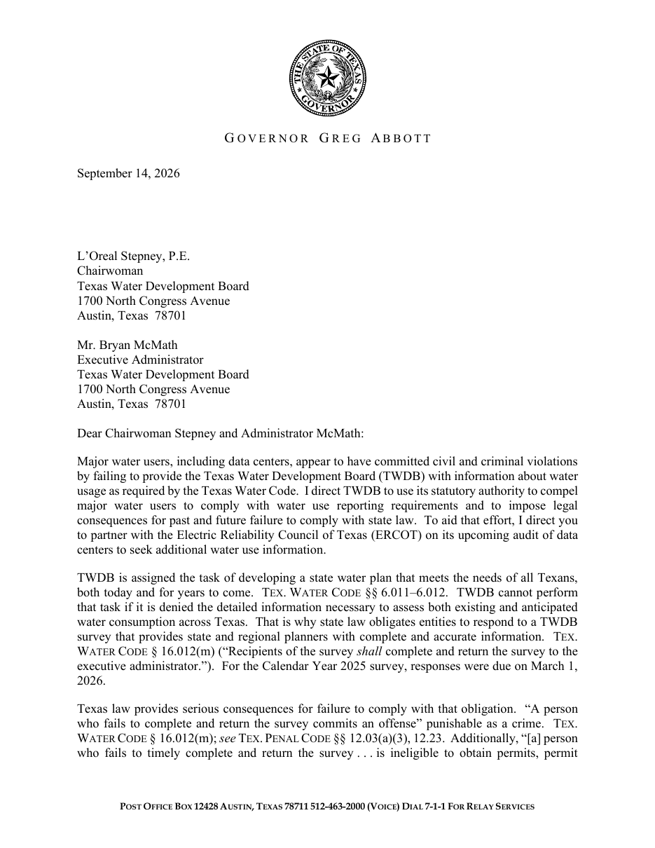 得州州长 Abbott 2026-09-14 致 Texas Water Development Board 主席与执行官的信函首页:指示动用法定权力强制用水申报并追究法律后果,配合 ERCOT 审计