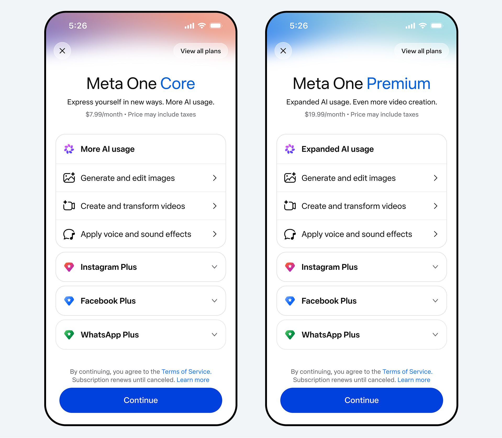 Meta 新闻稿里的手机截图:Meta One Core 7.99 美元/月与 Meta One Premium 19.99 美元/月两档订阅页,含更多 AI 用量、图片视频生成、Instagram Plus、Facebook Plus、WhatsApp Plus