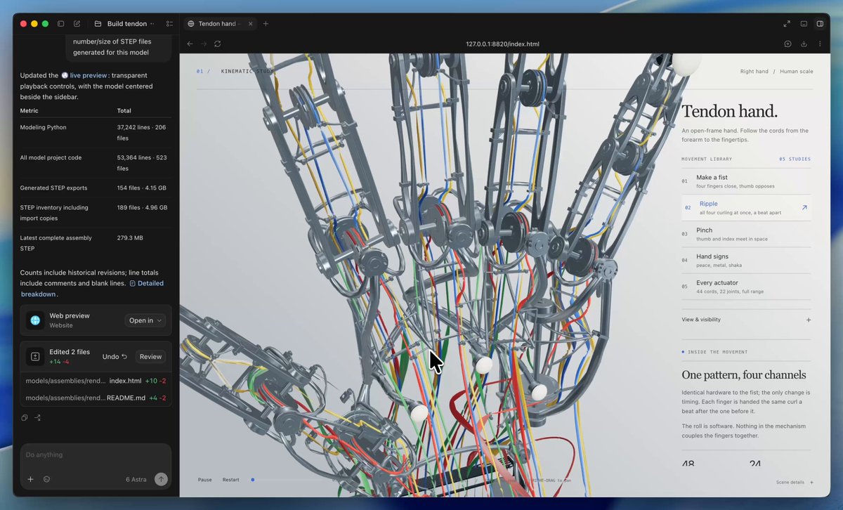 Jake Fitzgerald 帖子视频首帧:浏览器里的 Tendon hand 3D 查看器,肌腱驱动机械手模型,左侧面板列出 Modeling Python 37,242 行、STEP 导出 154 个文件 4.15 GB 等统计