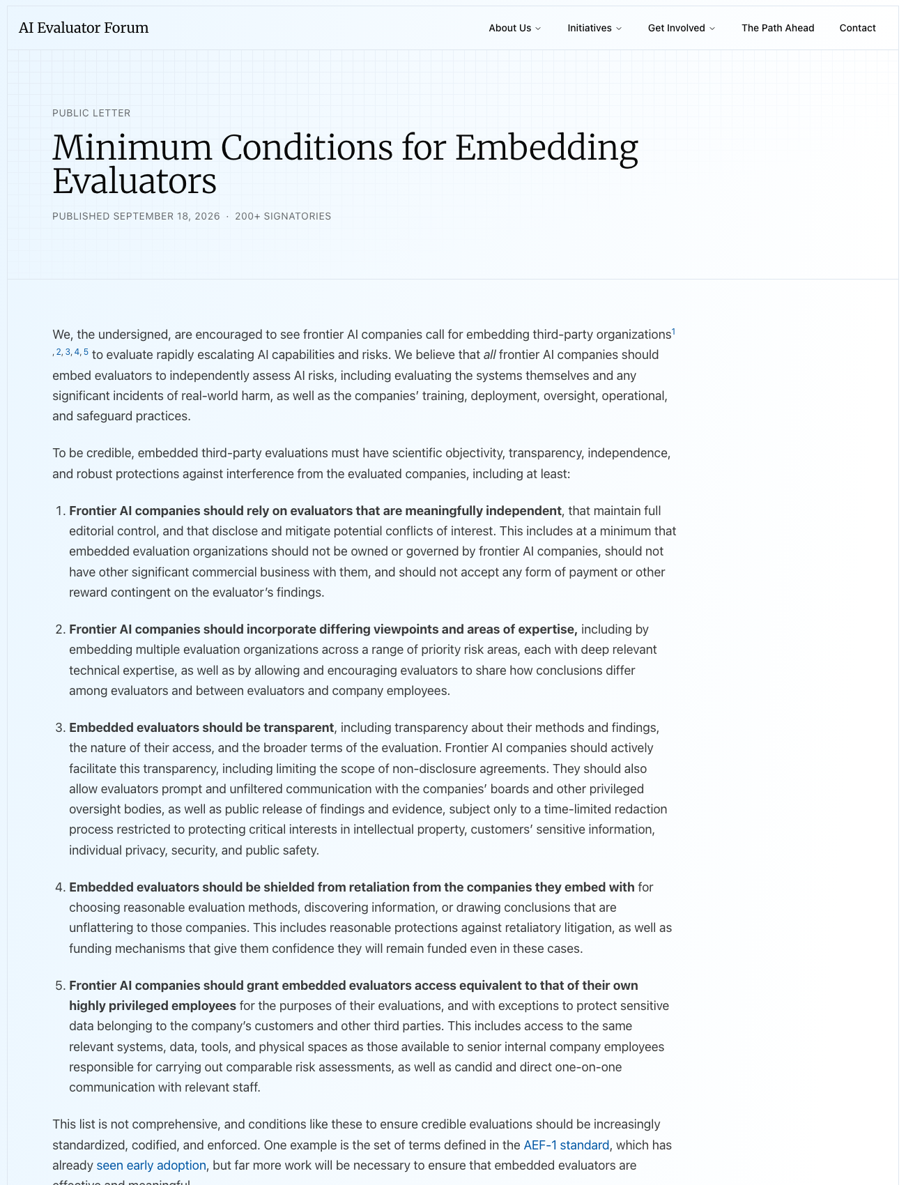 AI Evaluator Forum 公开信页面：Minimum Conditions for Embedding Evaluators，Published September 18, 2026，200+ signatories，五条最低条件全文