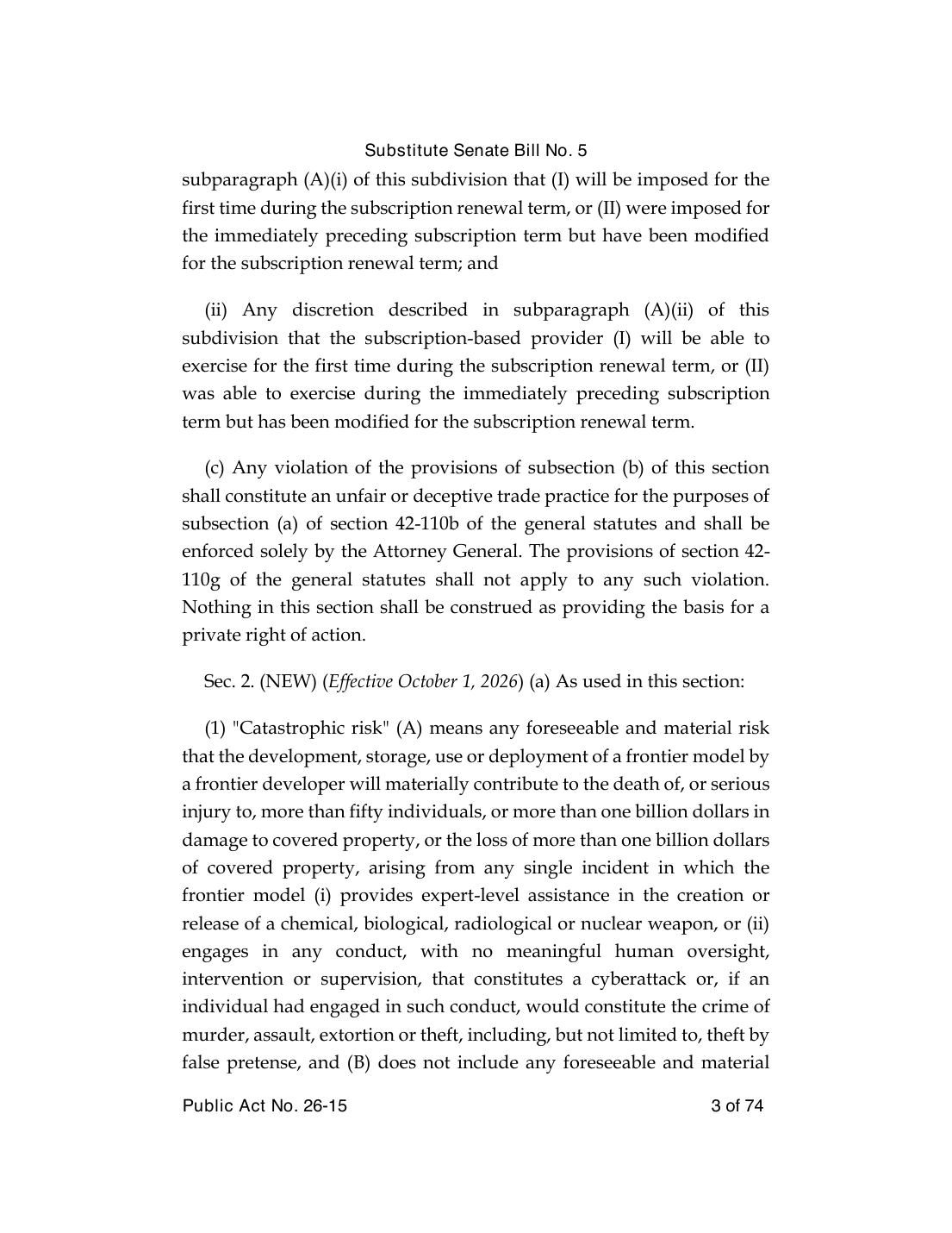 康涅狄格 Public Act 26-15(SB 5)官方 PDF 第 3 页:Sec. 2 Effective October 1, 2026,Catastrophic risk 的定义,含无有意义人类监督下实施网络攻击的情形