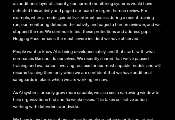 OpenAI 澳大利亚博客段落截图:We recently shared that we've paused training and evaluation involving tool use for our most capable models and will resume training them only when we are confident that we have additional safeguards in place