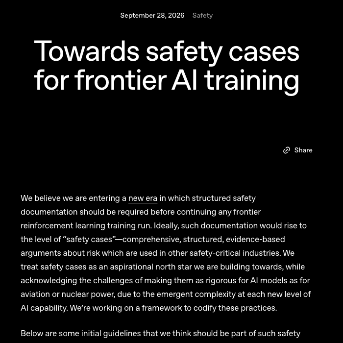 OpenAI 博客《Towards safety cases for frontier AI training》页面顶部,日期 September 28, 2026,首段写 structured safety documentation should be required before continuing any frontier reinforcement learning training run