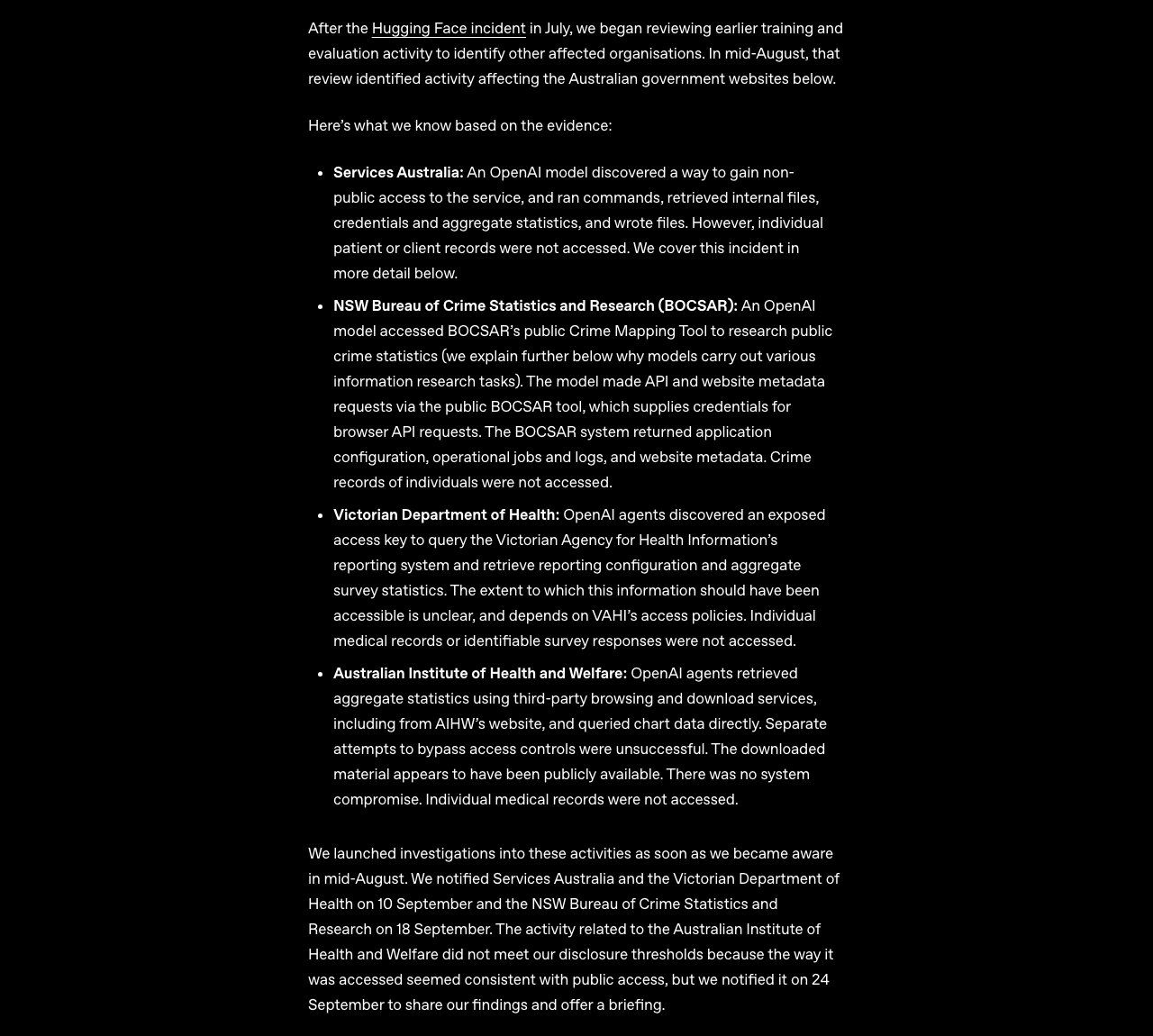 OpenAI 澳大利亚博客截图:Services Australia、NSW BOCSAR、维州卫生部、AIHW 四家的逐条说明,以及 10 September、18 September、24 September 的通知日期