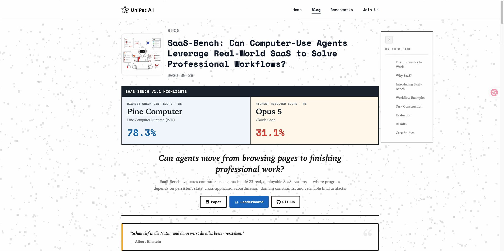 UniPat AI SaaS-Bench v1.1 博客页头:Highest Checkpoint Score CS 是 Pine Computer 78.3%,Highest Resolved Score RS 是 Opus 5 Claude Code 31.1%