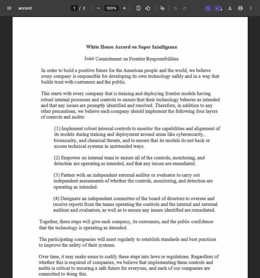 协议文本第一页：标题 White House Accord on Super Intelligence，四层控制与审计的完整条文
