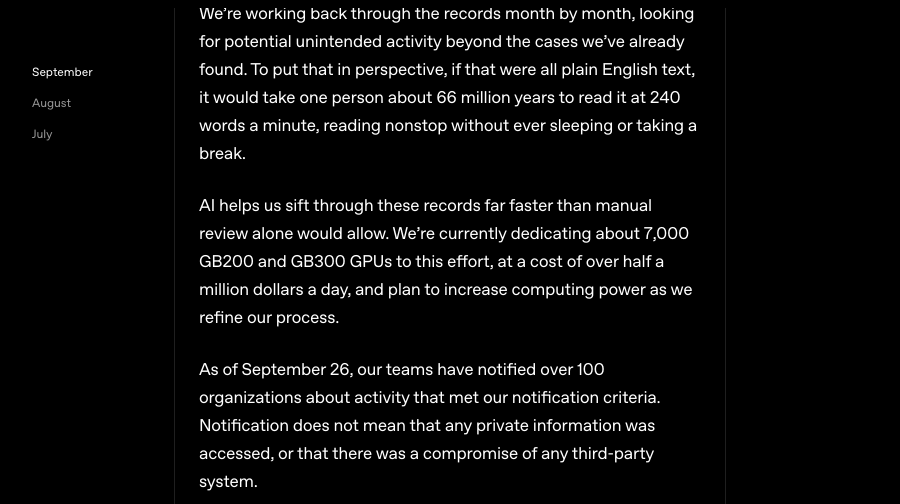OpenAI 追踪页 09-30 条目截图：审查约 50 PB 记录，约 7,000 块 GB200 和 GB300 GPU，每天花费超过 50 万美元，截至 9 月 26 日已通知 100 多个组织