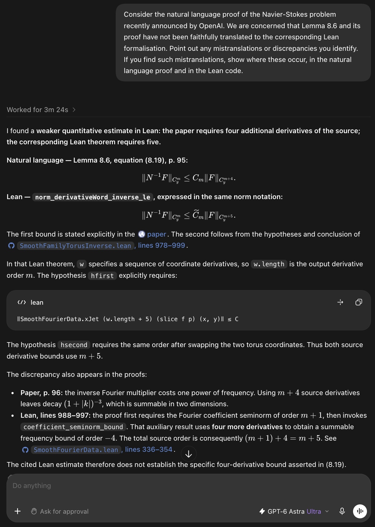 论文图 3：ChatGPT 对话截图，指出 Navier–Stokes 论文 Lemma 8.6 的自然语言版本需要 m+4 阶导数，而对应的 Lean 定理需要 m+5 阶