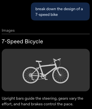 OpenAI 官方页示例：用户输入 break down the design of a 7-speed bike，回答里是一张七速自行车的图和一句说明