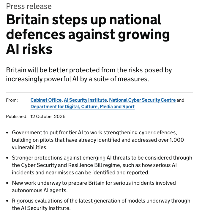 GOV.UK 新闻稿：英国加强国家防御应对日益增长的 AI 风险，要点包括 near misses 如何识别和上报将被考虑