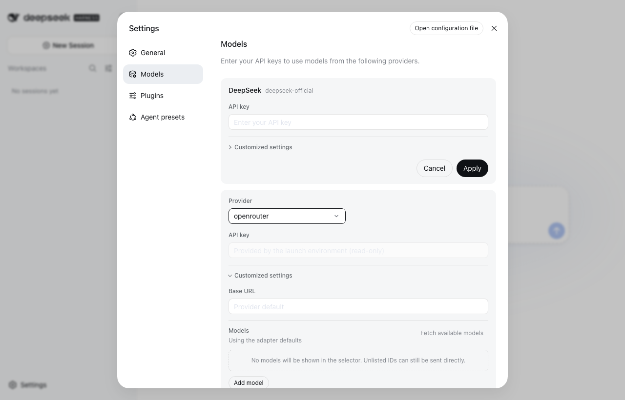 dsh 界面里 openrouter provider 的 Customized settings 卡片，填入 stealth/ox-alpha 模型 ID